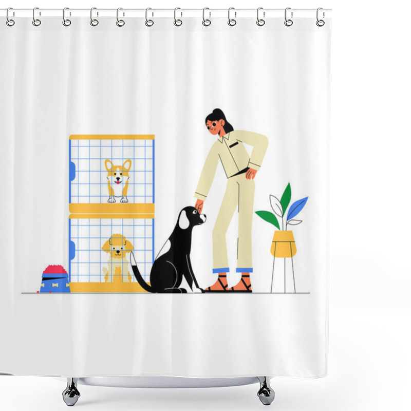 Personality  A Woman Interacting With A Black Dog In An Animal Shelter. Includes Cages With Puppies And Pet Accessories, Symbolizing Pet Care And Compassion. Shower Curtains