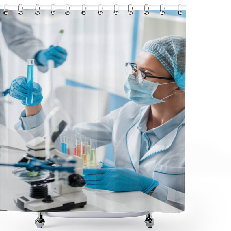 Personality  Selective Focus Of Biologist Looking At Test Tube In Lab  Shower Curtains