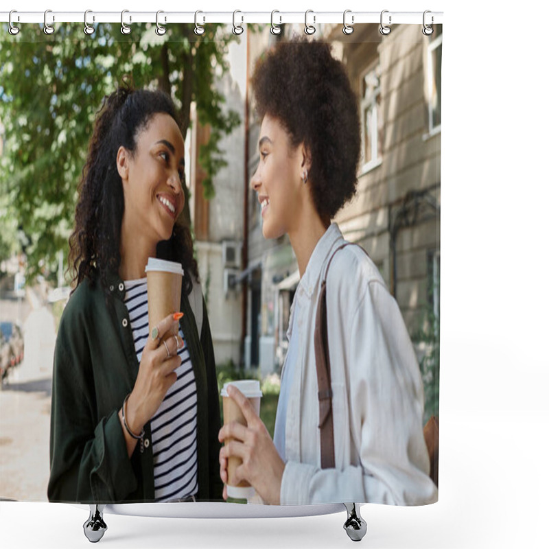 Personality  Two Joyful Women Share Laughter And Caffeine While Exploring The Outdoors In Their Vibrant Neighborhood. Shower Curtains