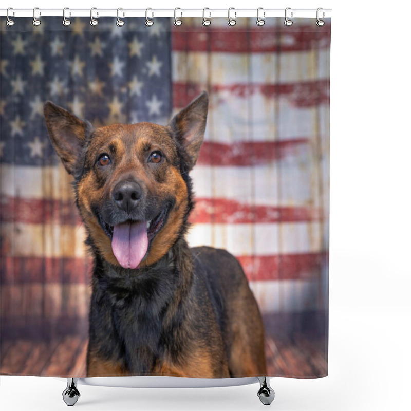 Personality  Studio Shot Of A Cute Dog In Front Of The American Flag Shower Curtains