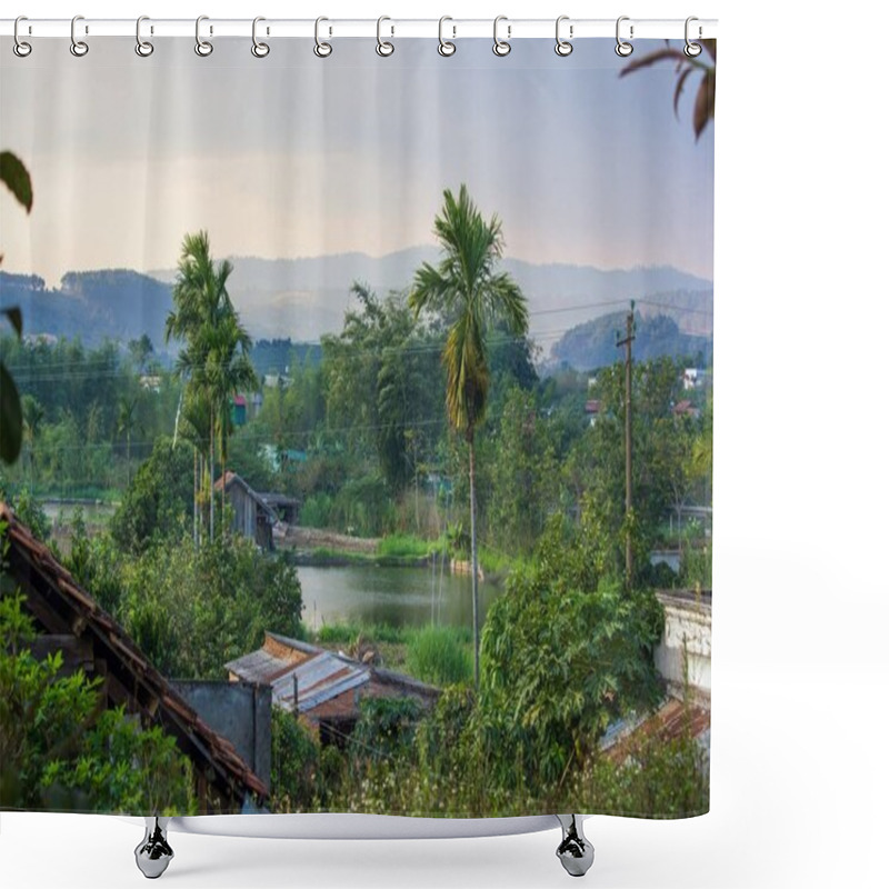 Personality  Beautiful Green Tropical Plants And Rooftops With Mountains Behind, Vietnam, Dalat Region Shower Curtains