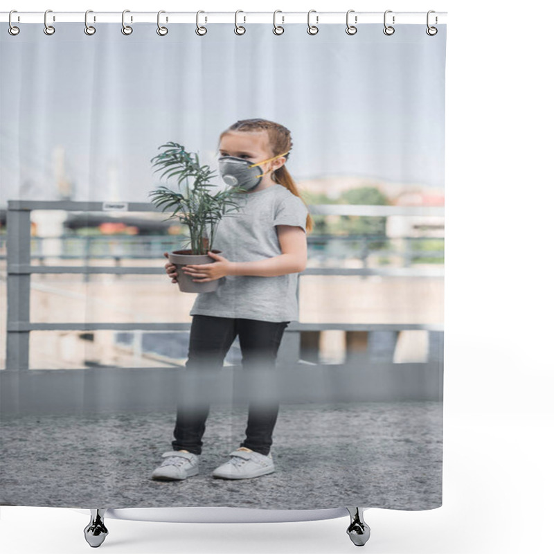 Personality  Child In Protective Mask Holding Green Potted Plant, Air Pollution Concept Shower Curtains