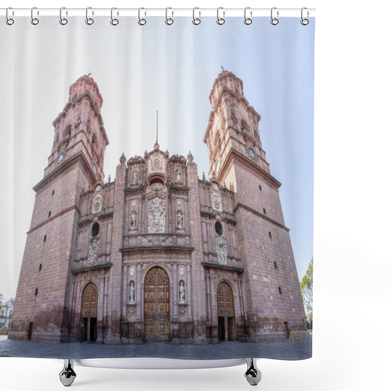 Personality  The Morelia Cathedral, Build With Pink Stones, In The Mexican City Of Morelia, Michoacan State. Shower Curtains