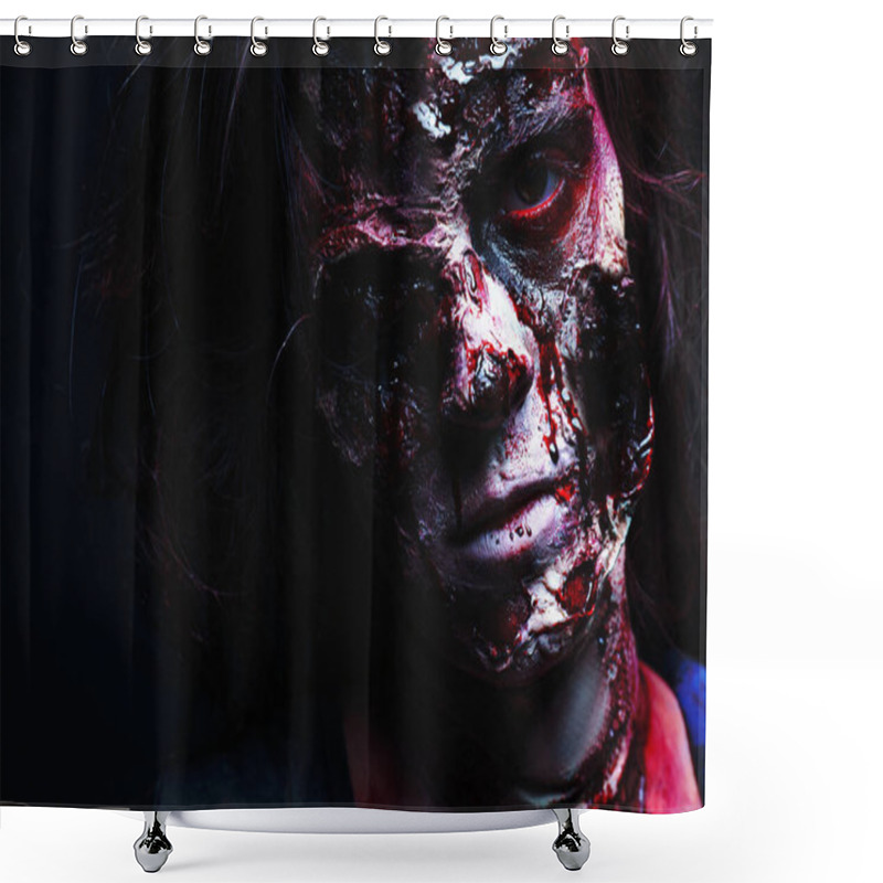 Personality  Scary Zombie On Dark Background, Closeup. Halloween Monster Shower Curtains