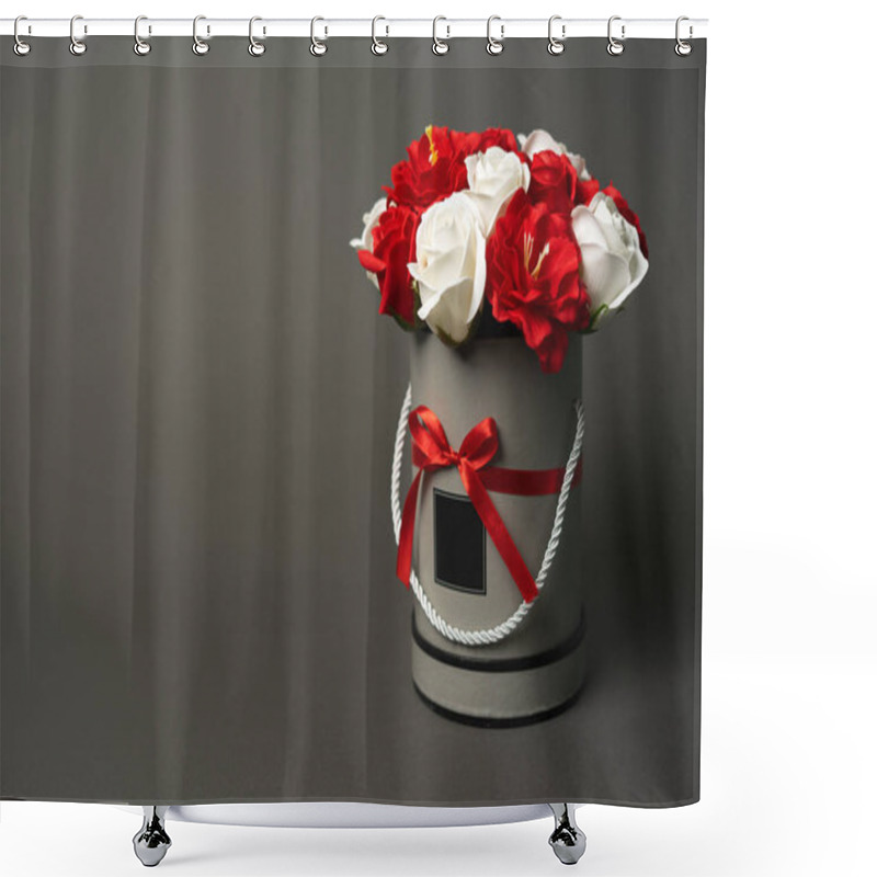 Personality  Flowers In Bloom: A Bouquet Of Red And White Roses In A Gray Round Box On A Gray Background. Shower Curtains