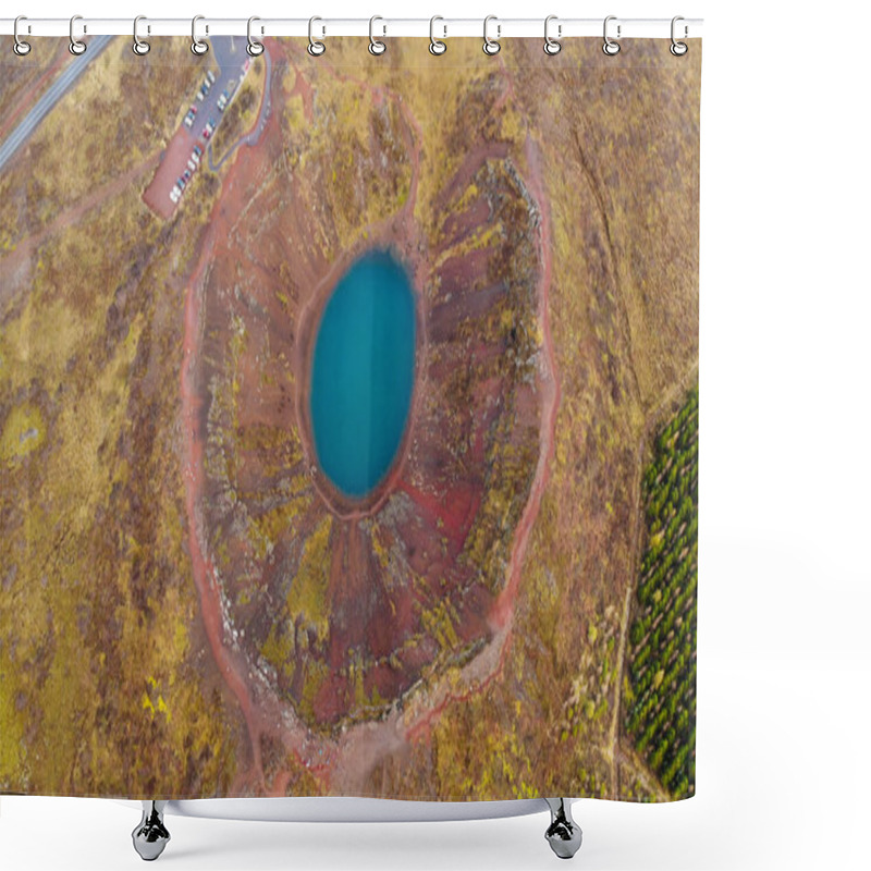 Personality  Aerial View Of Kerid, Is A Beautiful Crater Lake Of A Turquoise Color Located On The South-West Of Iceland Shower Curtains