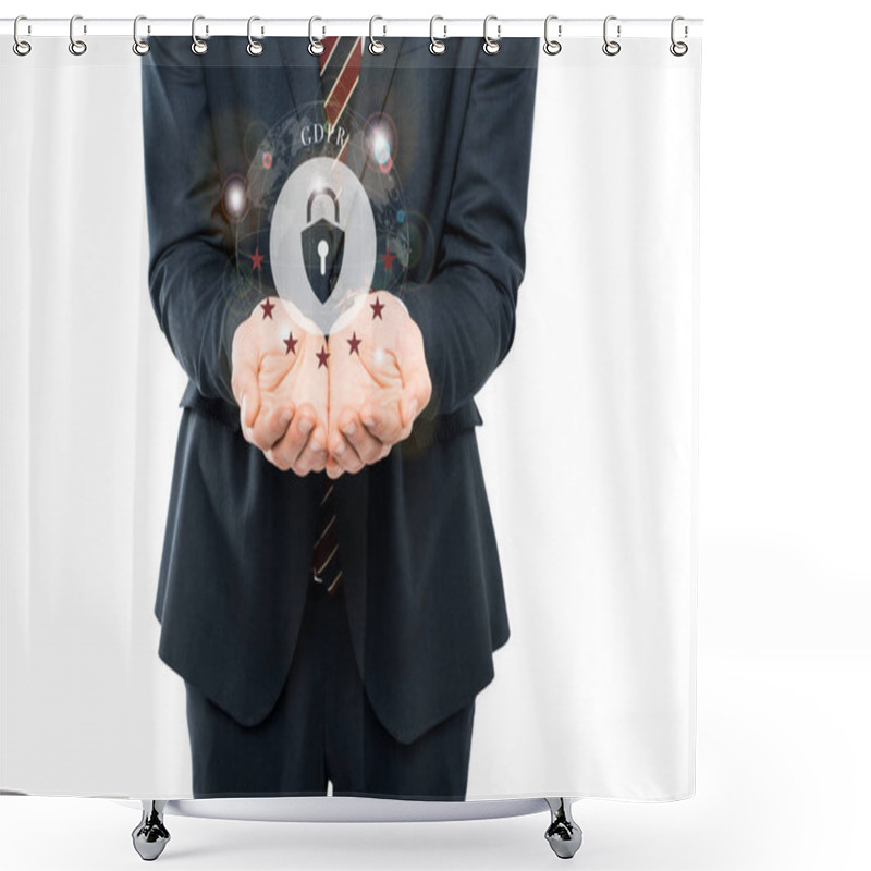 Personality  Cropped View Of Businessman With Cupped Hands Near Padlock And Gdpr Lettering Isolated On White  Shower Curtains