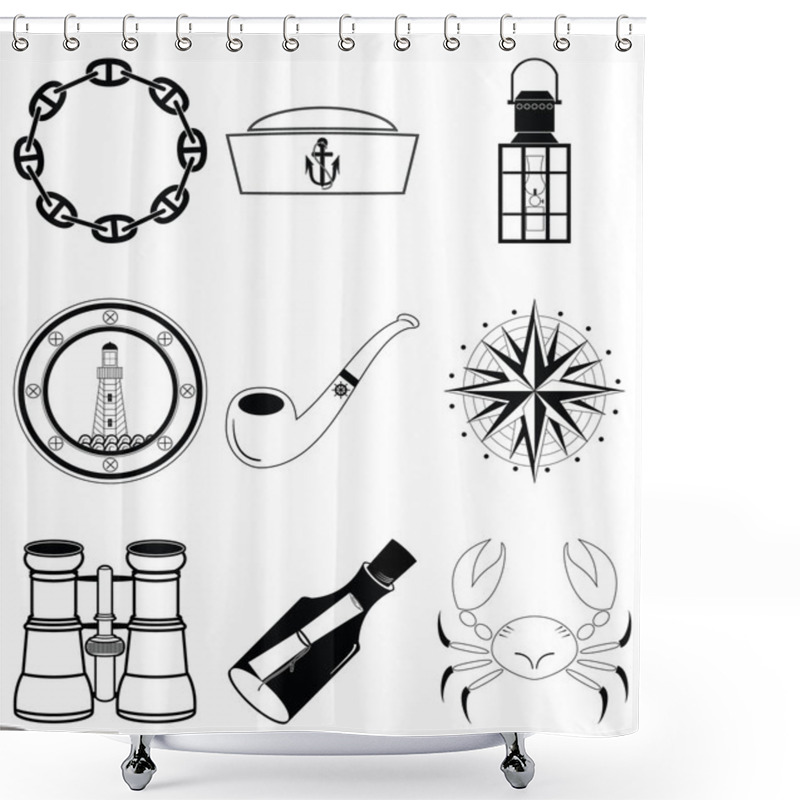 Personality  Nautical Elements IV Including Crab, Pipe, Sailors Hat, Lantern, Rose Winds , View From The Boats Window, Message In The Bottle, Binoculars And Navy Style Chain Shower Curtains