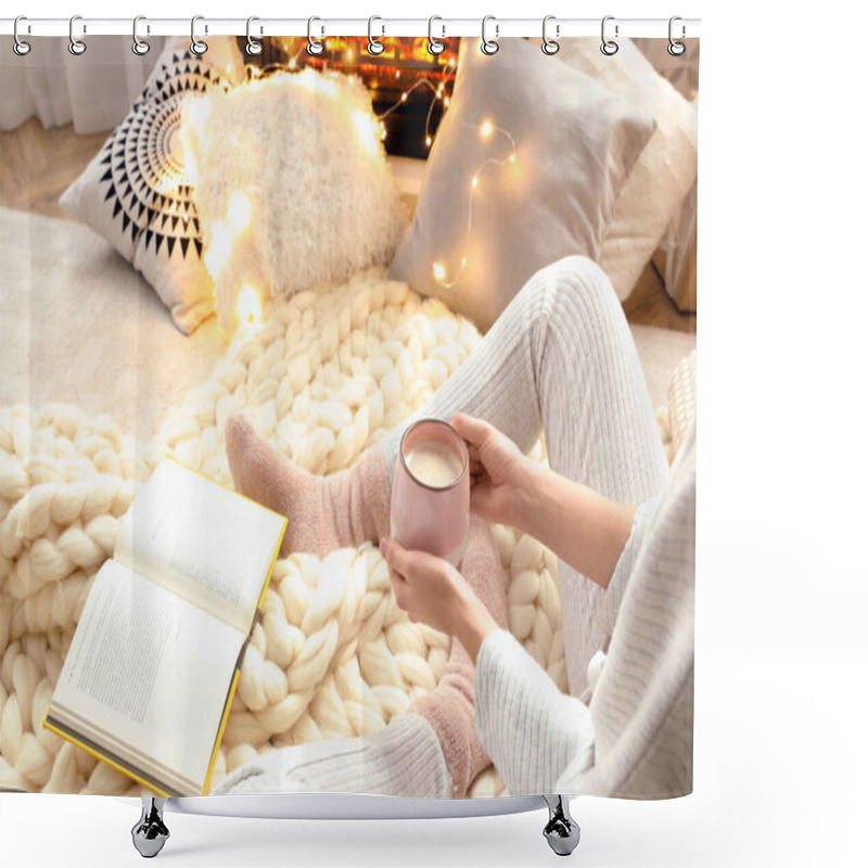 Personality  Woman With Cup Of Coffee And Book Sitting On Soft Plaid, Closeup Shower Curtains