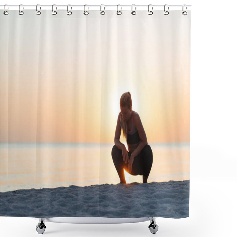 Personality  Young Woman Catching A Breath After A Run On The Beach Shower Curtains