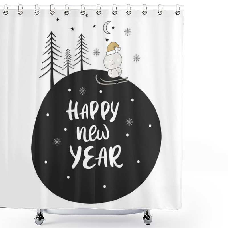 Personality  Hand Drawn Christmas Card In Scandinavian Style With Cute New Year Elements And Lettering Phrase. Vector. Shower Curtains