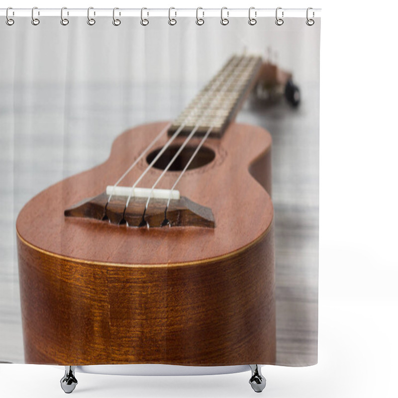 Personality  Close Up Of Ukulele On Old Wooden Background Shower Curtains