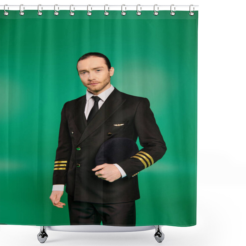 Personality  A Stylish Male Pilot In Black Uniform, Striking A Pose On A Vibrant Green Backdrop. Shower Curtains