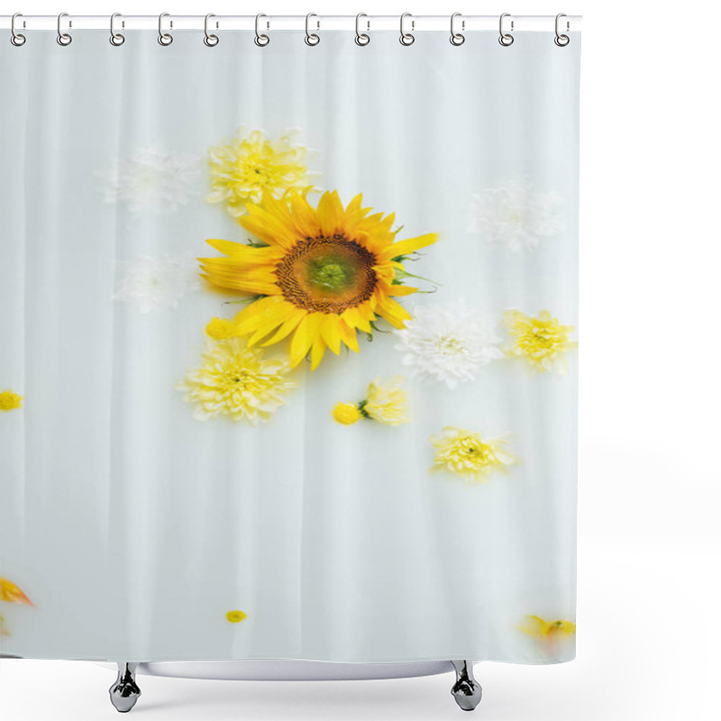 Personality  Top View Of Yellow Sunflower And Chrysanthemum Flowers In Milk Shower Curtains