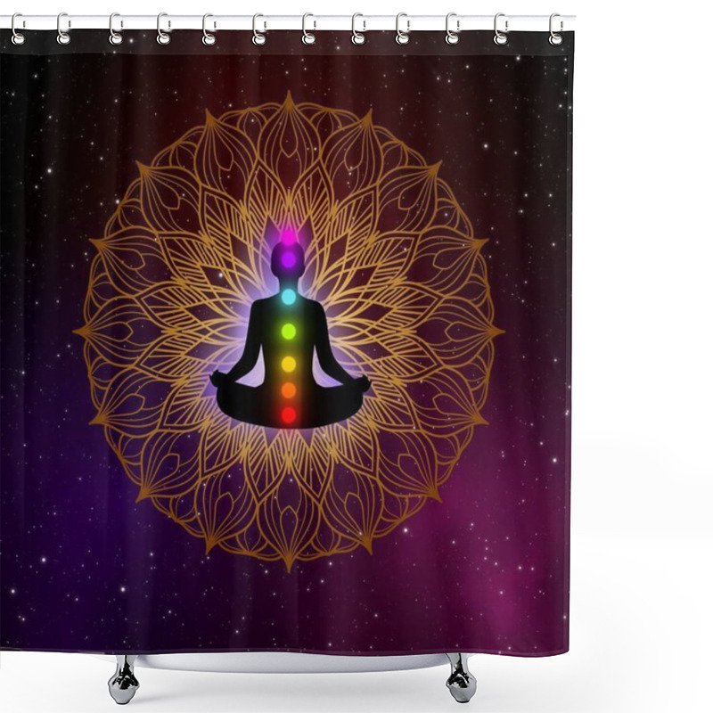 Personality  Abstract Meditation Man With Chakras And Golden Mandala In The Galaxy Illustration Design Background. Shower Curtains