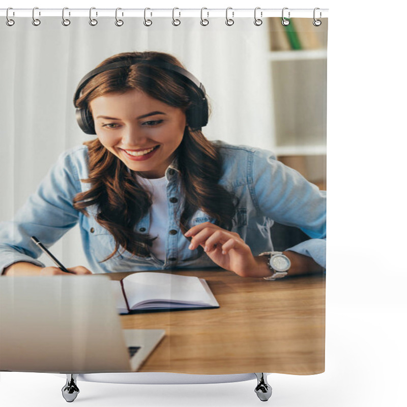 Personality  Portrait Of Young Smiling Woman In Headphones Taking Part In Webinar In Office Shower Curtains