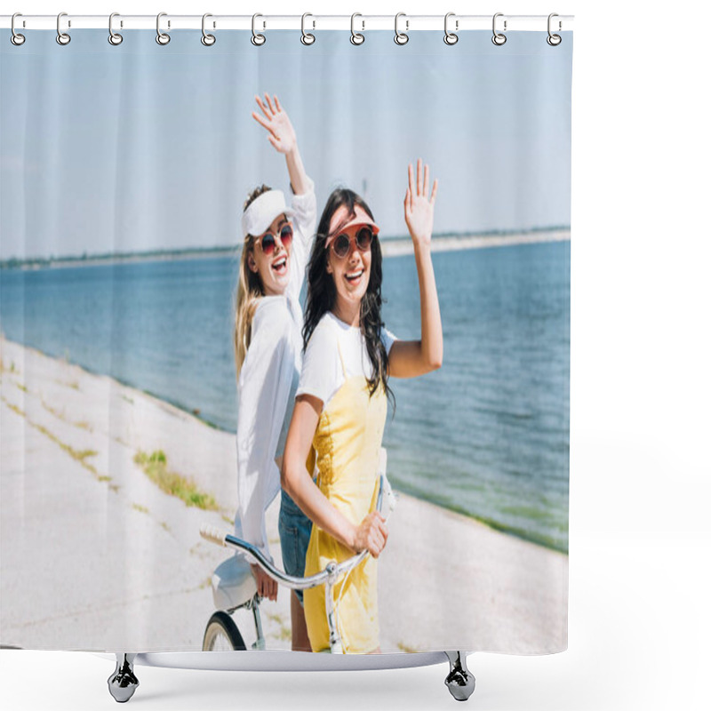 Personality  Blonde And Brunette Girls With Bike Waving Hands Near River In Summer Shower Curtains