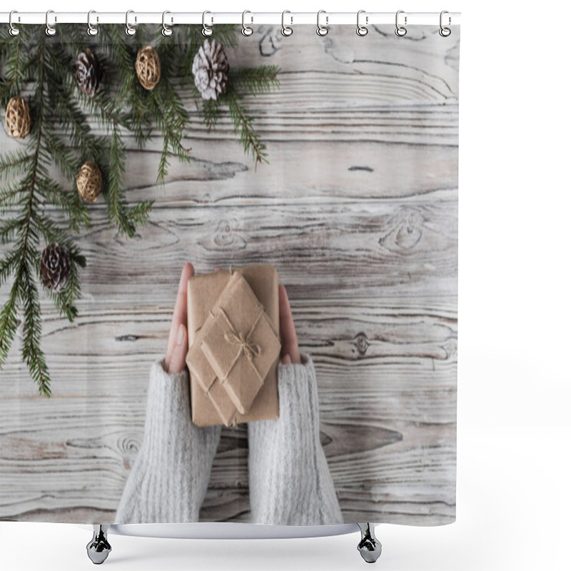 Personality  Female Packing Gifts. Cardboard Box In Craft Paper, Christmas Rope And Tree On The Rustic Wood Planks Background. DIY. Shower Curtains