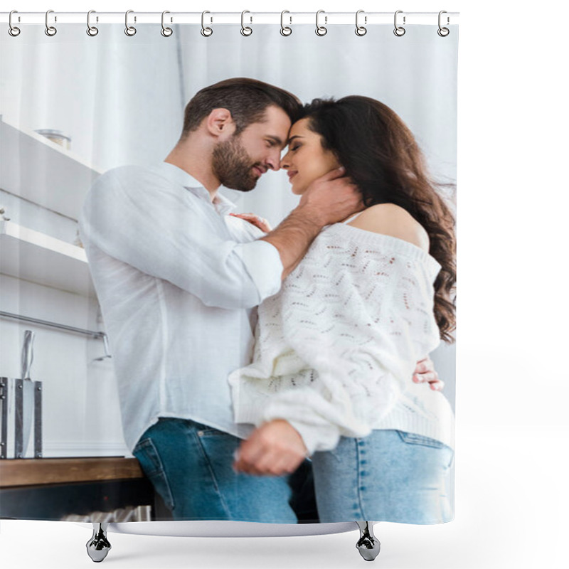 Personality  Low Angle View Of Lovely Gently Couple Embracing At Kitchen Shower Curtains