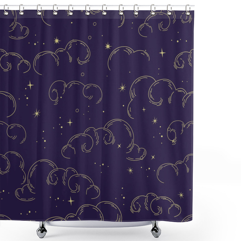 Personality  Vector Eamless Pattern With Abstract Clouds In Linear And Silhouette Style. Chinese And Curl Cloud Celestial Elements. Vector Shower Curtains