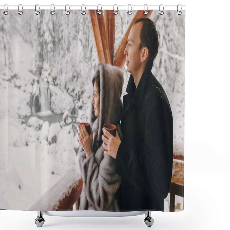 Personality  Stylish Couple Holding Hot Tea In Cups And Looking At Winter Snowy Mountains From Wooden Porch. Happy Romantic Family With Drinks Relaxing In Snow Woods. Holiday Getaway Together Shower Curtains