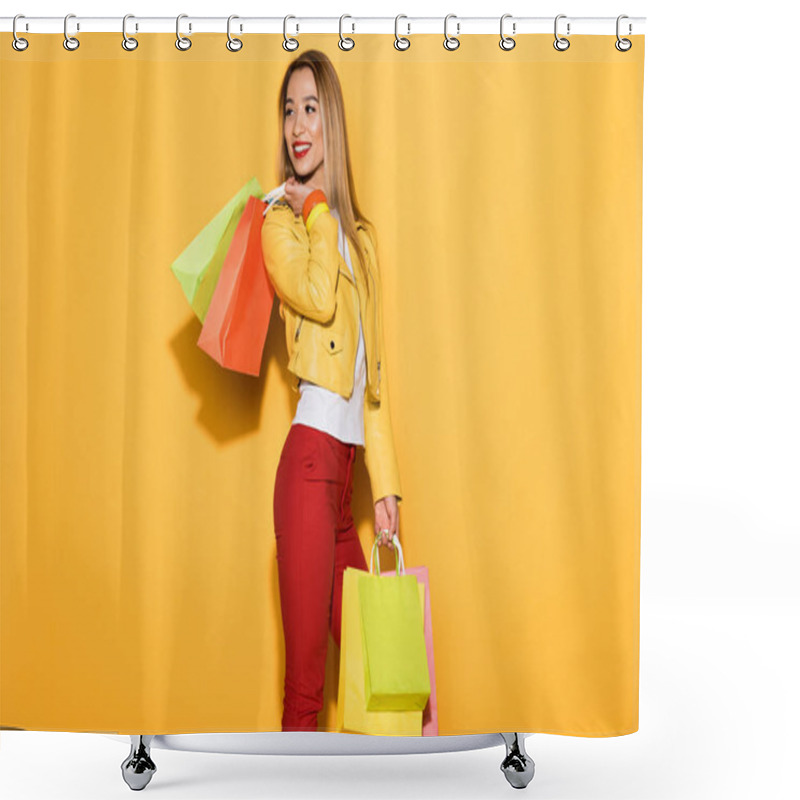 Personality  Asian Young Woman With Shopping Bags On Yellow Background  Shower Curtains