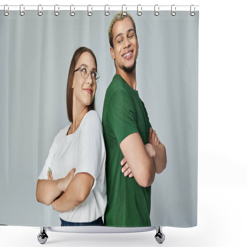 Personality  Two Friends Share A Joyful Moment, Exuding Confidence And Camaraderie. Shower Curtains