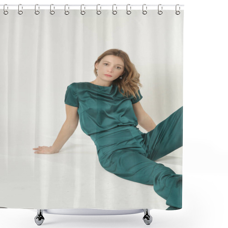 Personality  Serie Of Studio Photos Of Young Female Model In Green Silk Outfit. Shower Curtains