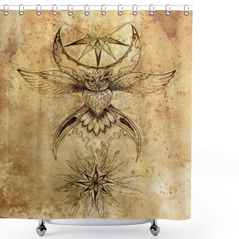 Personality  Ornamental Drawing Of Sacred Owl Spirit With Moon Symbol And Feathers. Shower Curtains