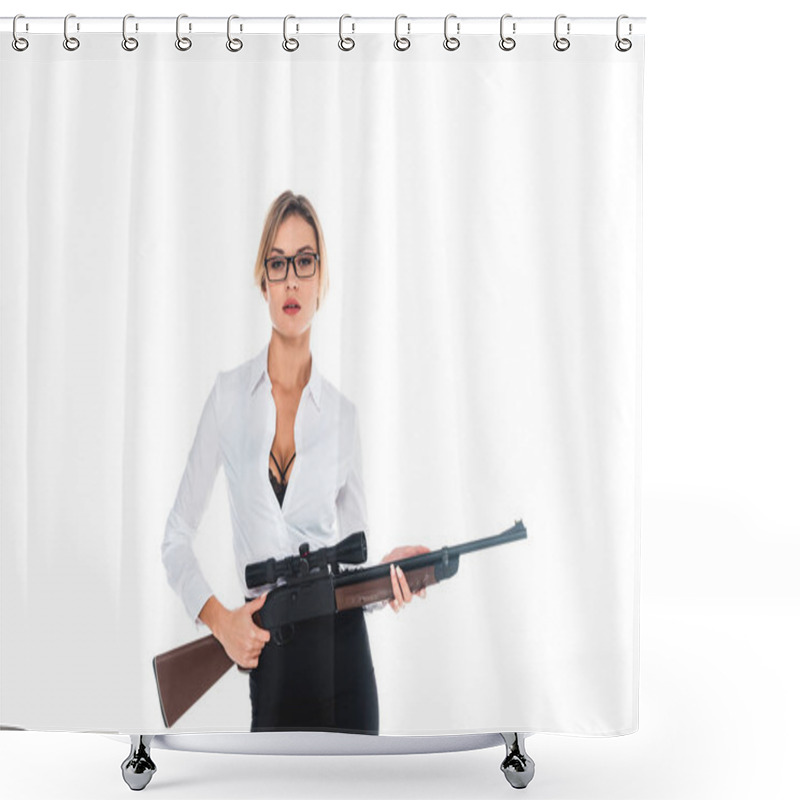 Personality  Teacher In Blous With Open Neckline, Glasses And Skirt Holding Rifle Isolated On White Shower Curtains