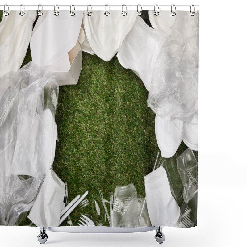 Personality  Top View Of Crumpled Plastic Bags, Cups And Cardboard Rubbish On Grass With Copy Space Shower Curtains