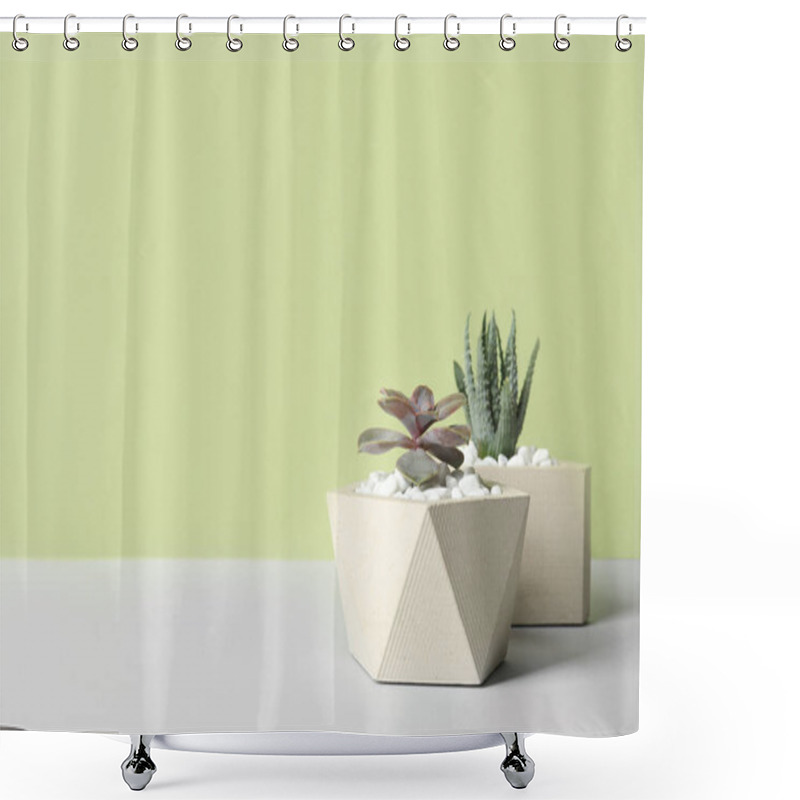 Personality  Beautiful Succulent Plants In Stylish Flowerpots On Table Against Green Background, Space For Text. Home Decor Shower Curtains