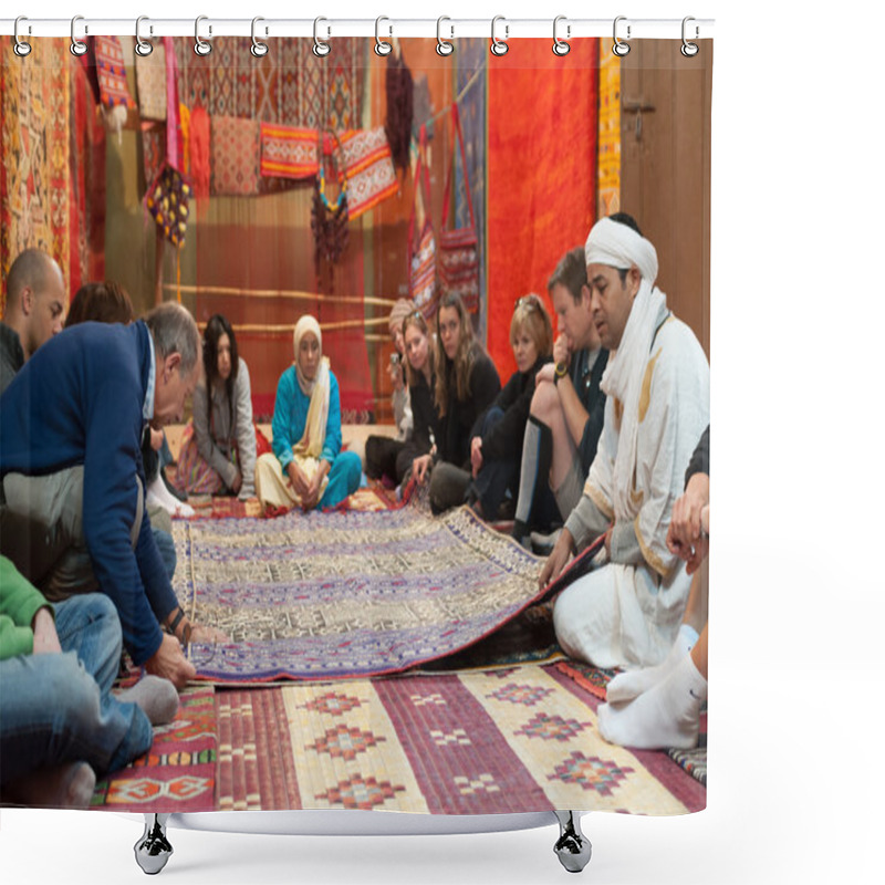 Personality  Moroccan Rug Sellers Showing Traditional Berber Carpets To Tourists. Morocco, Africa Shower Curtains