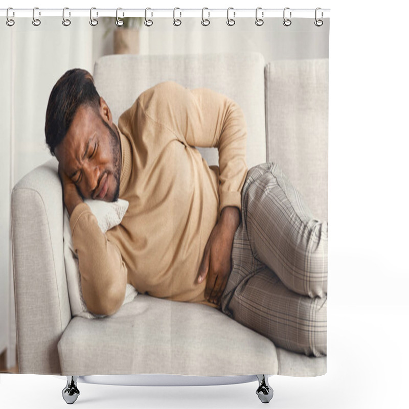 Personality  Afro Man Touching Aching Stomach Lying On Couch At Home Shower Curtains