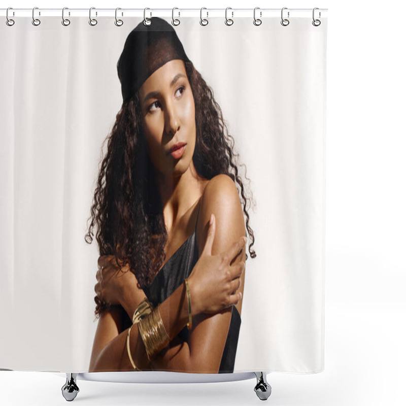 Personality  Curly Haired Woman Displays Beauty And Grace In A Chic Black Outfit And Stylish Accessories. Shower Curtains