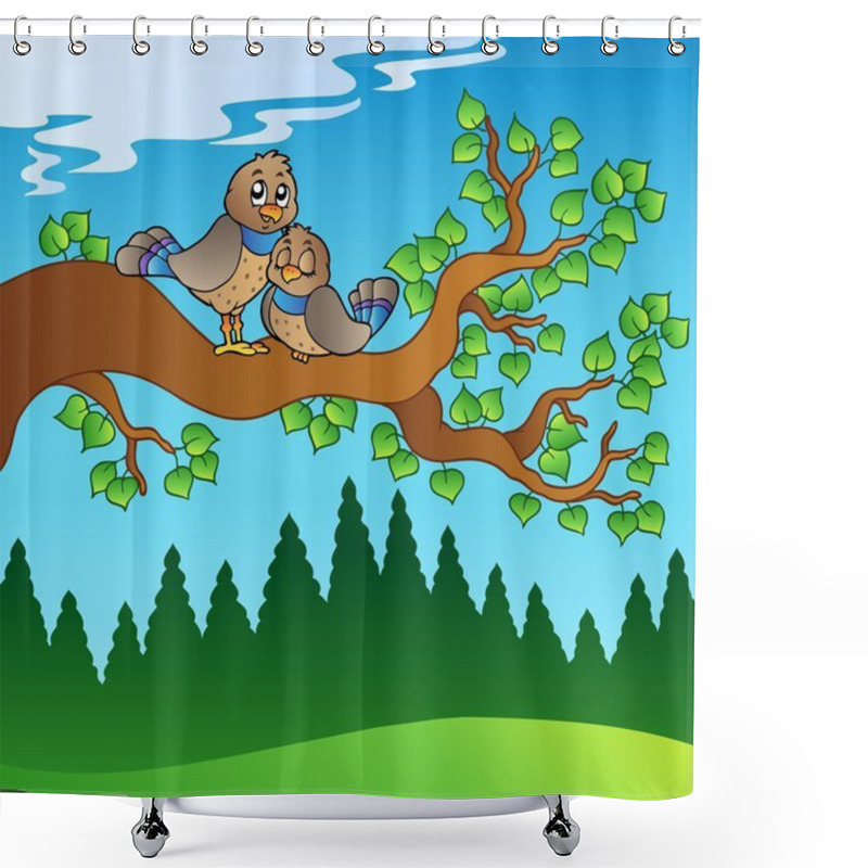 Personality  Two Cute Birds Sitting On Branch Shower Curtains