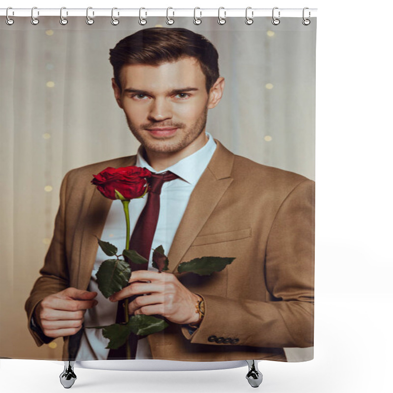 Personality  Handsome, Elegant Man Holding Red Rose While Standing In Restaurant And Looking At Camera Shower Curtains