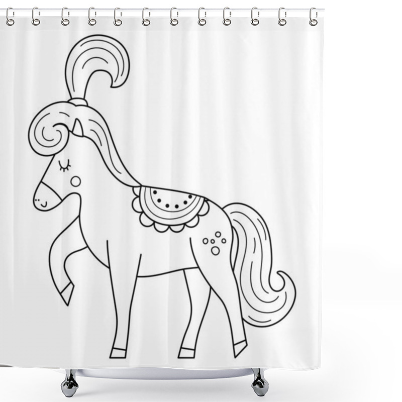 Personality  Black And White Horse With A Saddle And Pony Tail. Vector Circus Animal. Amusement Holiday Line Icon. Cute Funny Festival Character Clip Art. Street Show Comedian Illustration Or Coloring Pag Shower Curtains