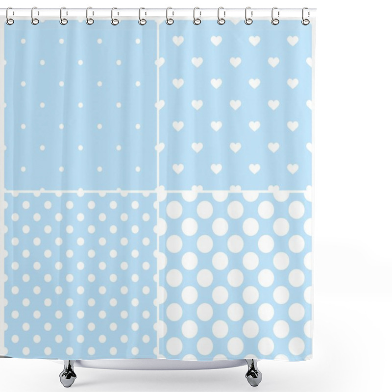 Personality  Blue Tile Vector Pattern Set With White Polka Dots And Hearts On Pastel Background Shower Curtains