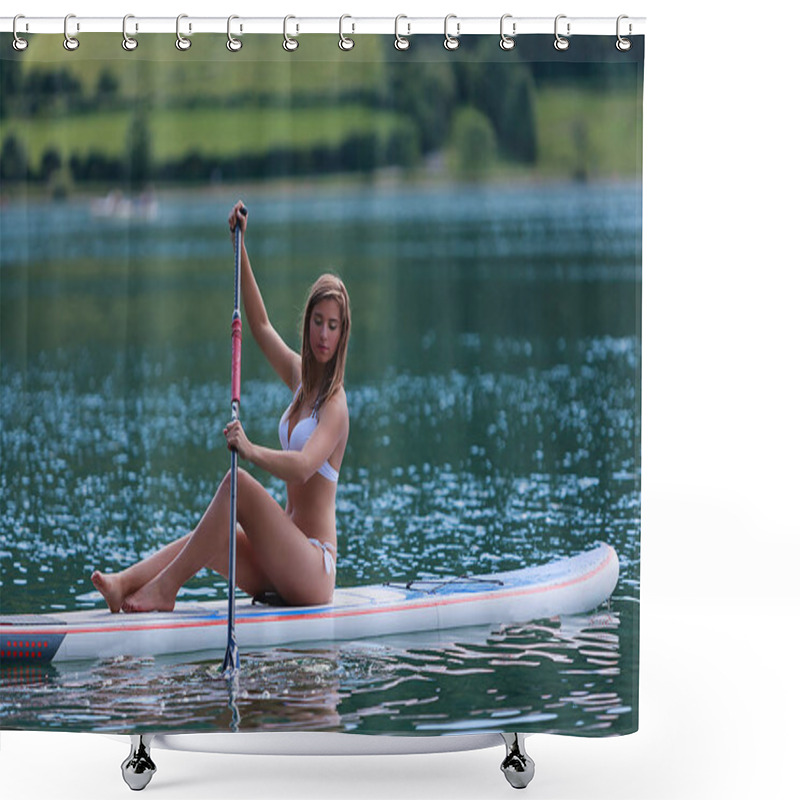 Personality  Young Woman In Stand Up Paddling While Sitting On The Lake. Shower Curtains