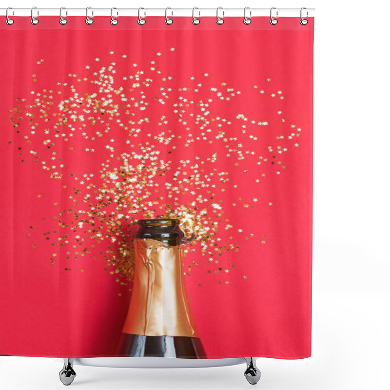 Personality  Champagne Bottle With Golden Star Shaped Confetti On Red Background. Shower Curtains