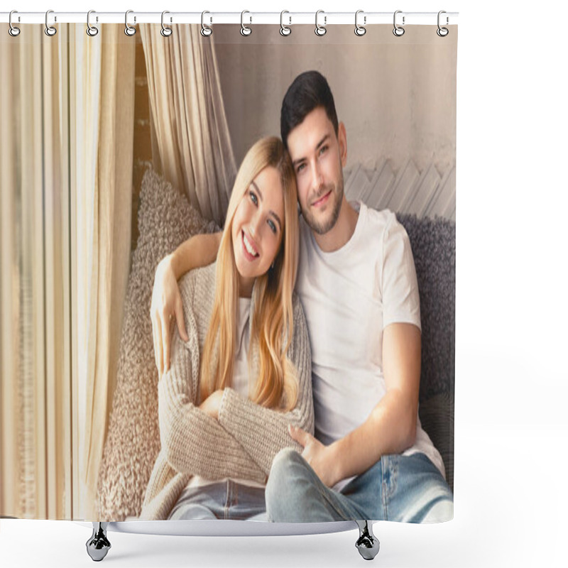 Personality  Happy Millennial Spouses Hugging On Sofa At Home, Copy Space Shower Curtains