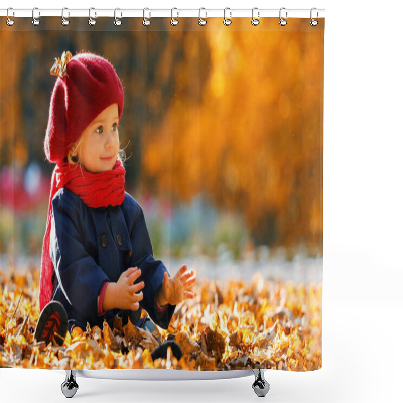 Personality  Happy Autumn. A Little Girl In A Red Beret Is Playing With Falling Leaves And Laughing. Shower Curtains