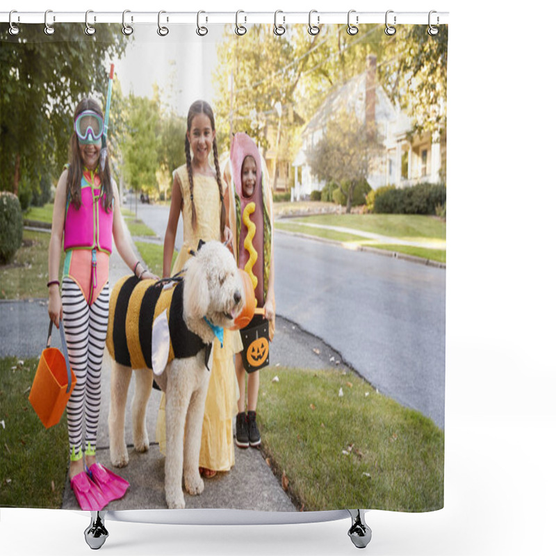 Personality  Children And Dog In Halloween Costumes For Trick Or Treating Shower Curtains