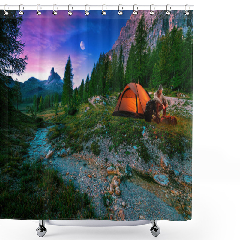 Personality  Hiker, Campfire And Tent Shower Curtains