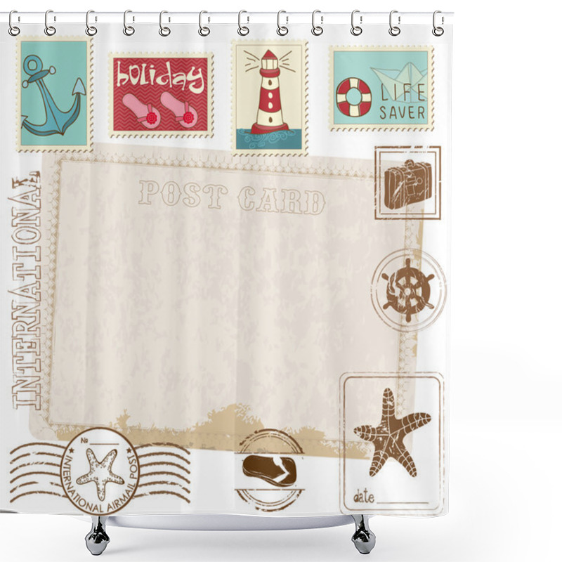 Personality  Retro Invitation Postcard With SEA Stamps - For Design And Scrap Shower Curtains