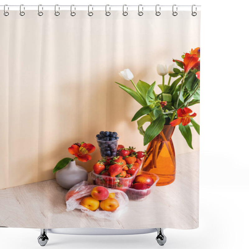 Personality  Floral And Fruit Composition With Bouquet In Vase And Summer Fruits On Wooden Surface On Beige Background Shower Curtains