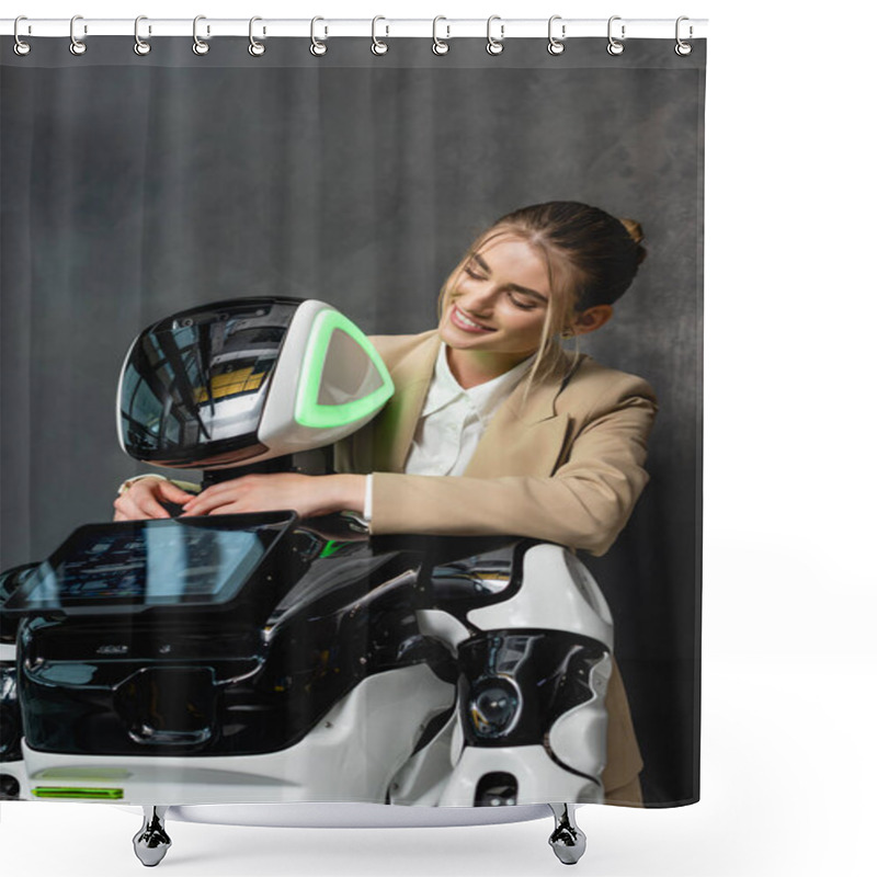 Personality  Pleased Businesswoman Embracing Humanoid Robot In Office Shower Curtains