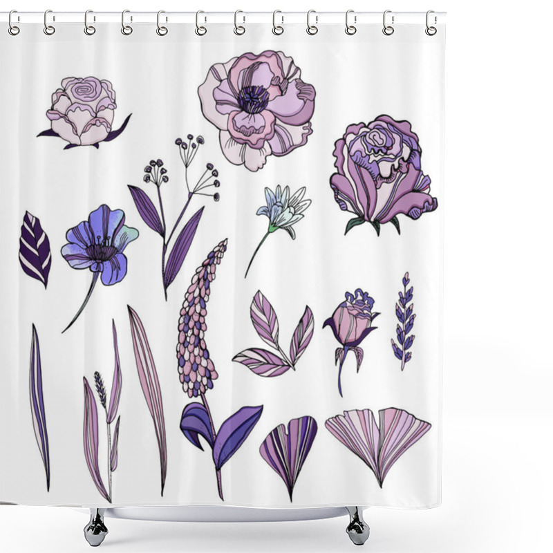 Personality  Vector Set Of Cute Hand Drawn Flowers. Roses, Violets, Ranunculu Shower Curtains