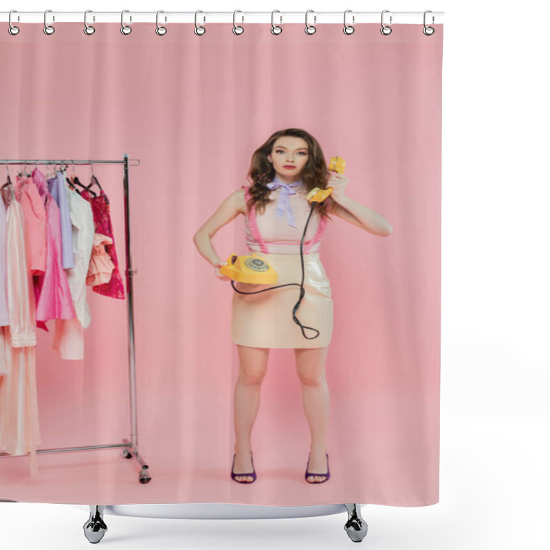 Personality  Wardrobe Collection, Doll-like Woman With Wavy Hair Holding Retro Phone And Handset, Vintage Style, Beautiful Young Model Posing On Pink Background, Standing Near Clothes Rack And Looking At Camera  Shower Curtains